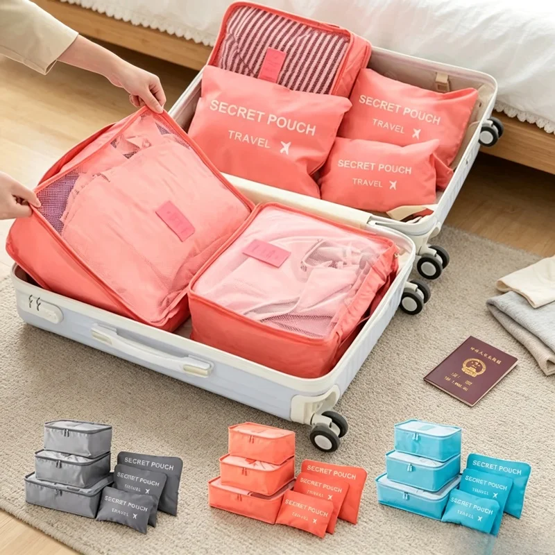 6Pcs Waterproof Travel Storage Bags, Large Capacity Zipper Luggage Organizer for Clothes Underwear, Pink Blue Grey Available