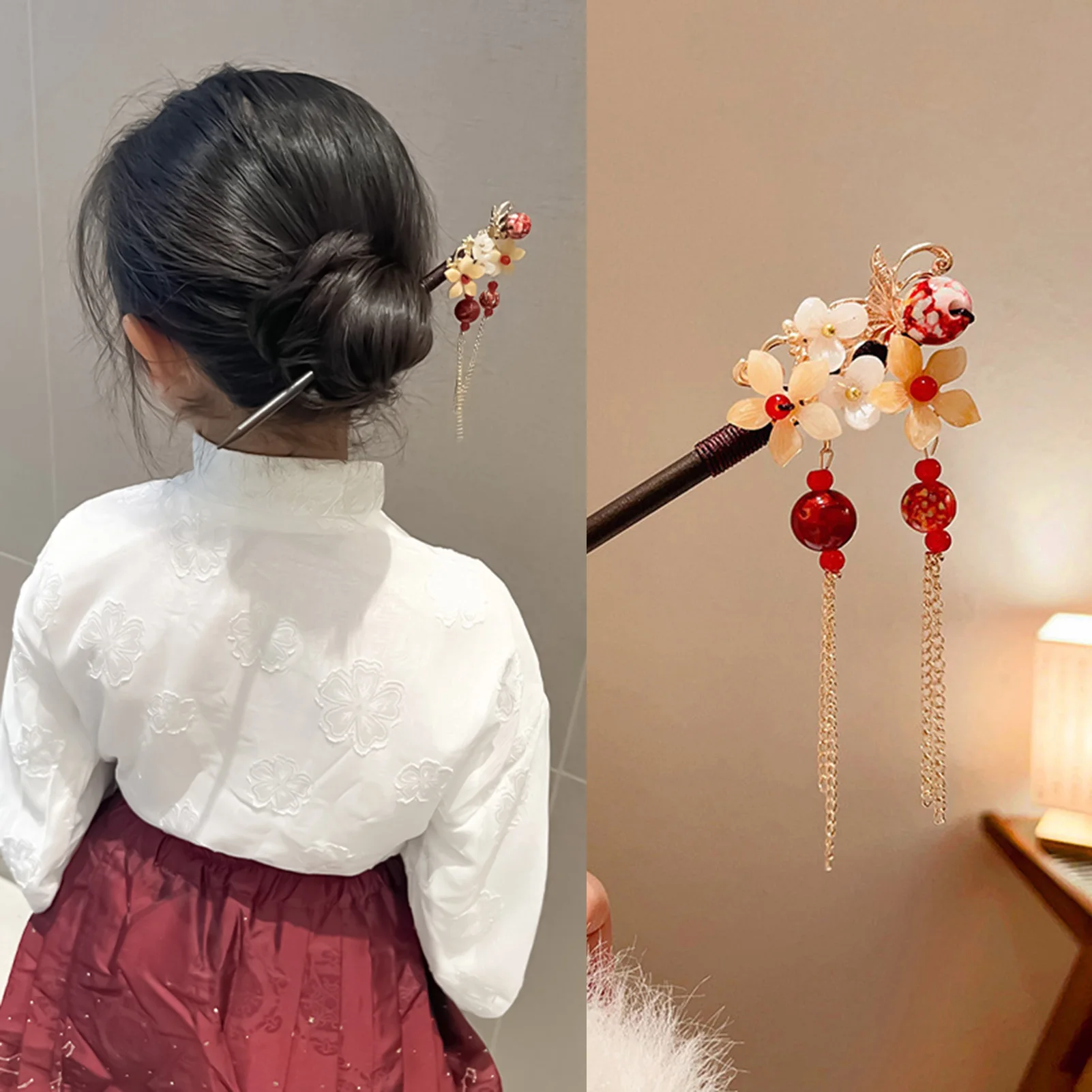 Holiday Party Chinese Hair Stick Alloy Flower Beads Tassel Hairpin Elegant Simple Hanfu Updo Accessory For Women Girls