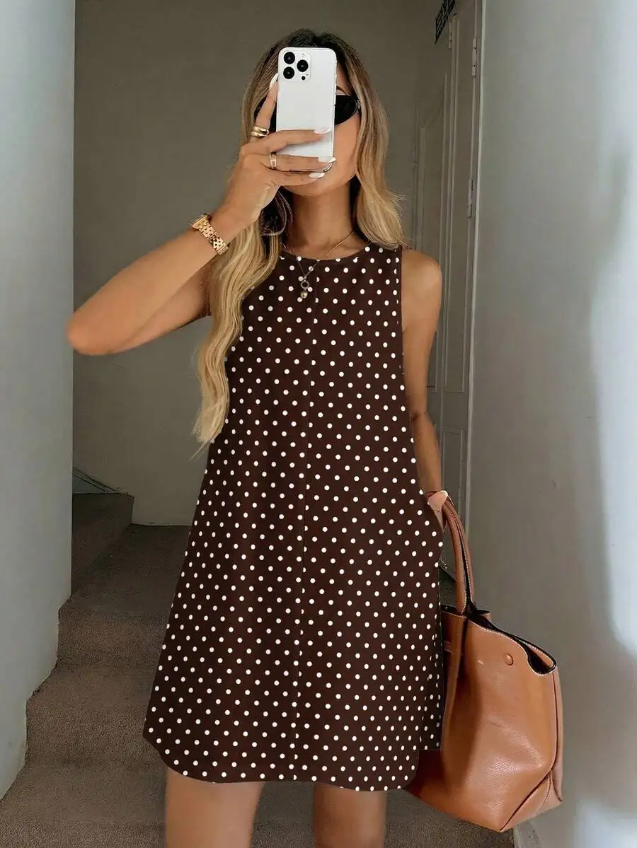 

Women Sleeveless Brown Polka Dot A-Line Dress With Pockets Casual Summer Vacation Outfit