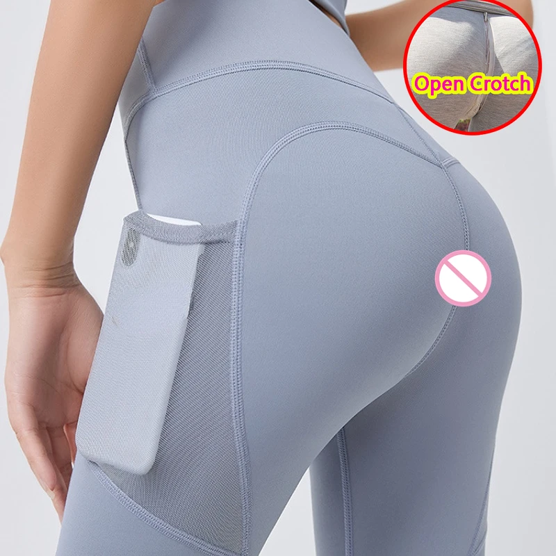 Mallas sexys de Yoga con entrepierna abierta para mujer, bragas con cremallera oculta, bolsillo deportivo para gimnasio, pantalones calientes de