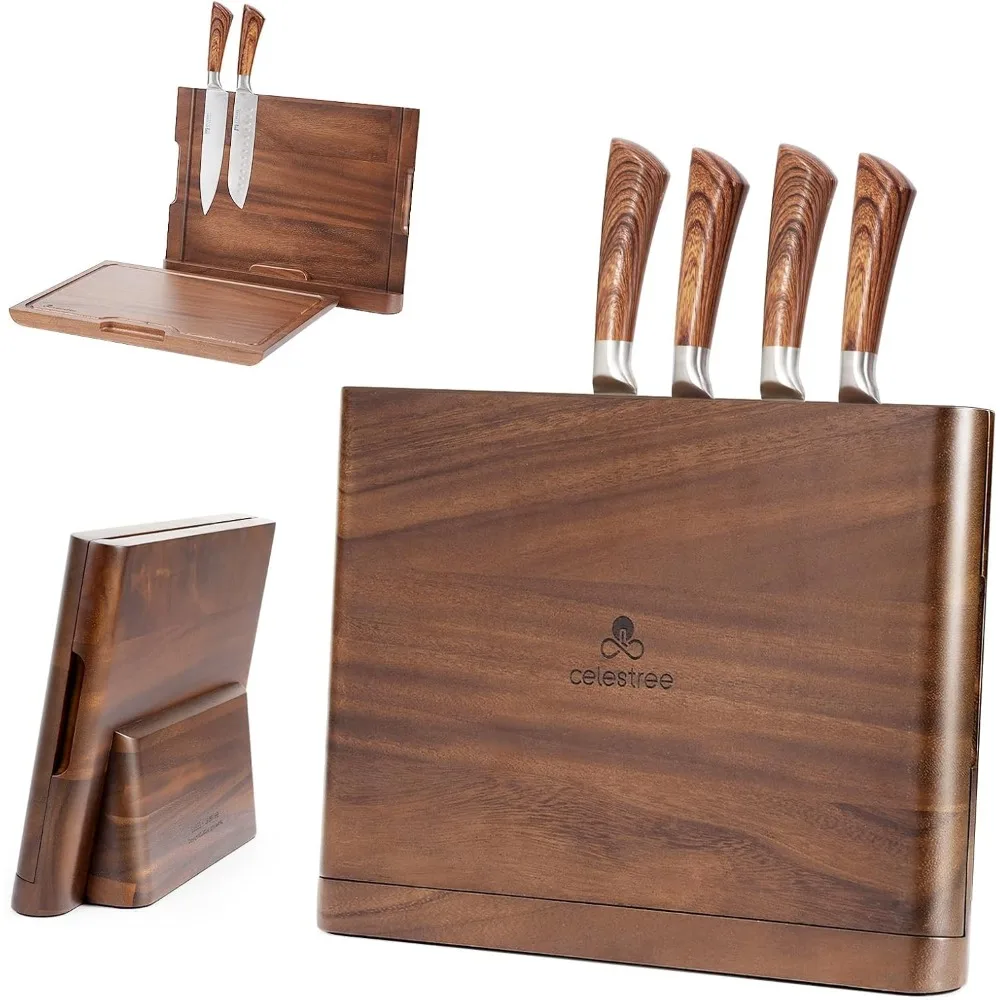 

Premium Natural Rain Wood Magnetic Knife Block and 16x11 Cutting Board Combo