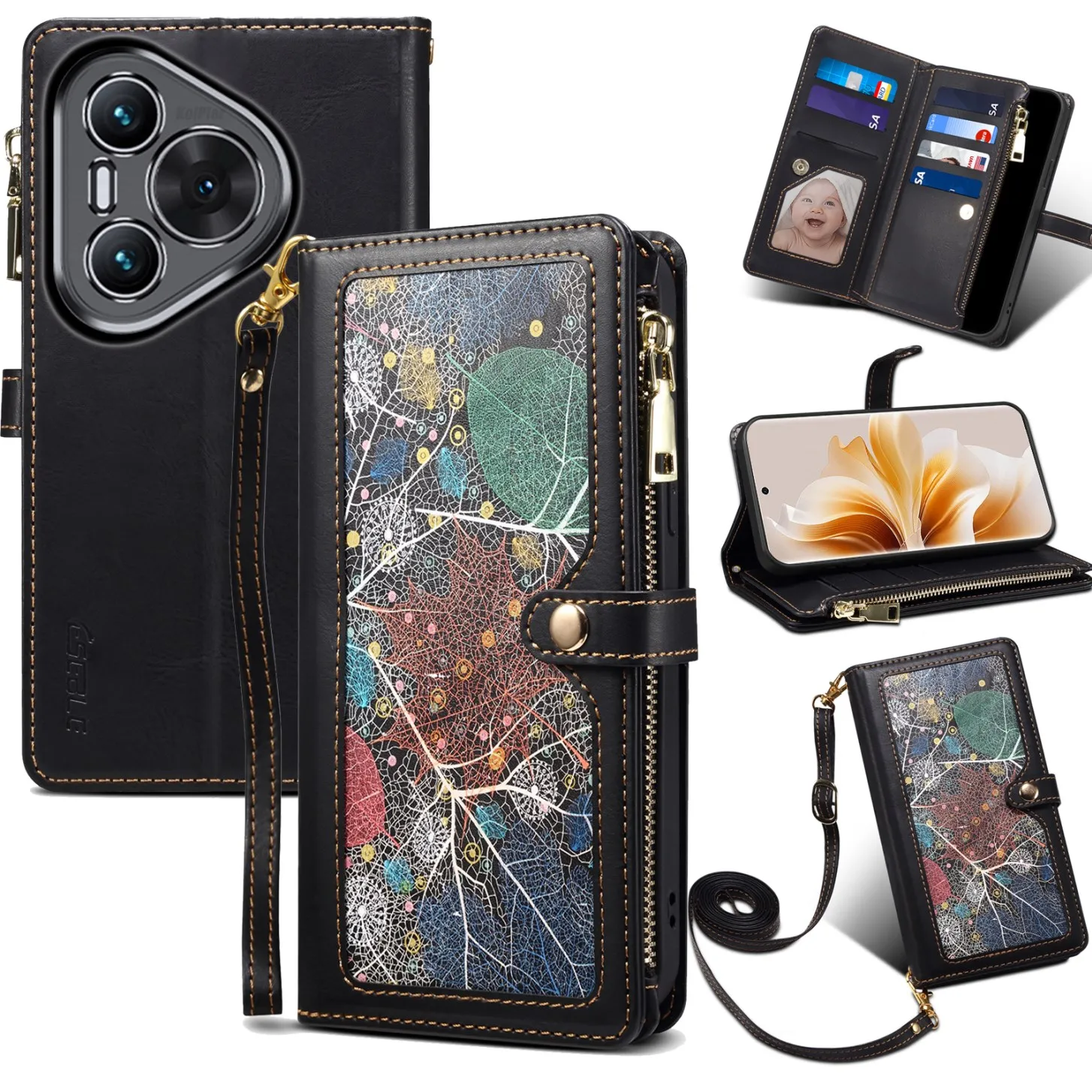 Flower pattern Leather Flip Case For Huawei PURA 70 PRO PURA70 Wallet Card Slot Holder Mobile Phone Cover With Free Rope