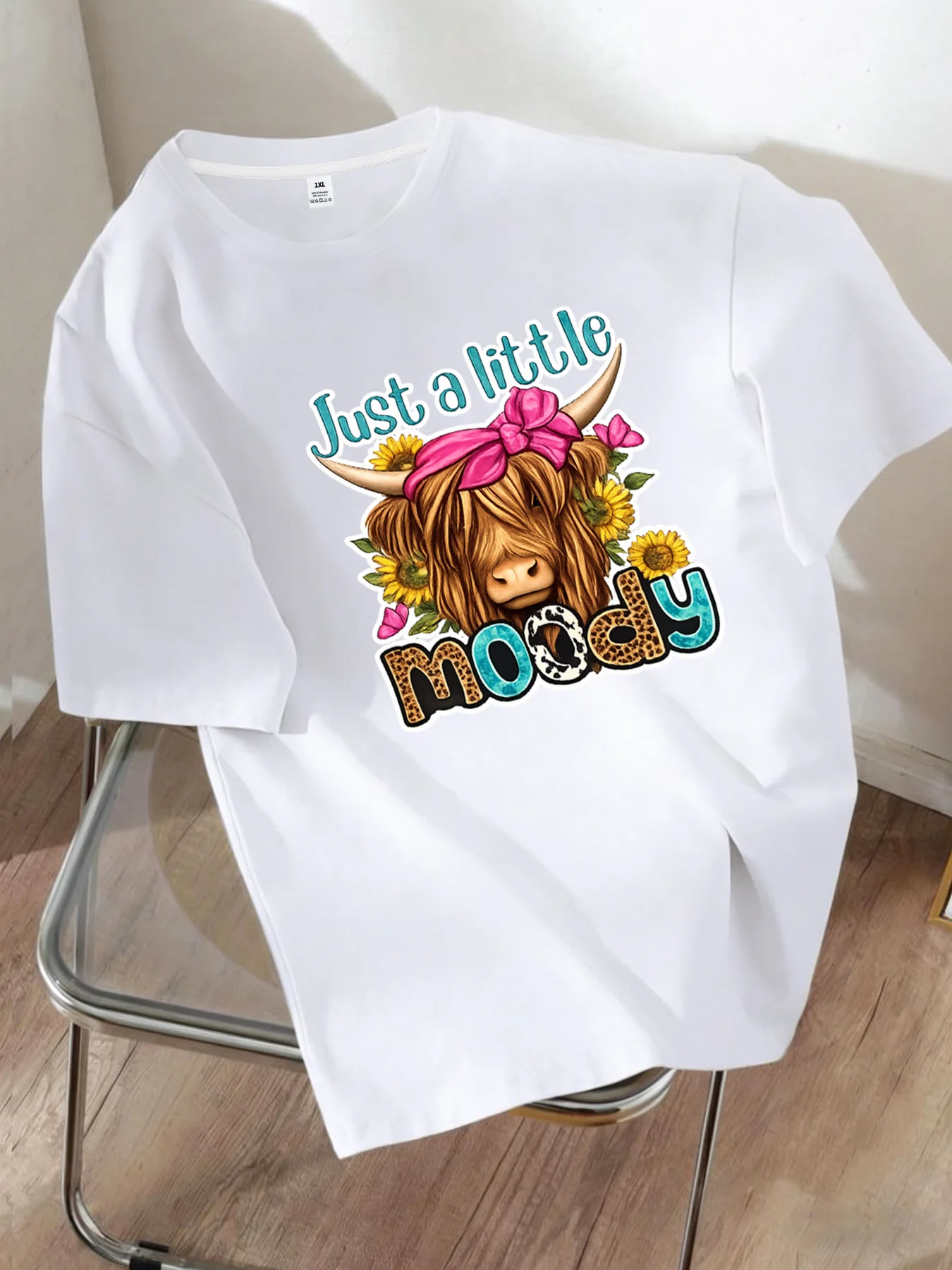

[YJ01011]Women's Plus Size Round Neck T-Shirt with Bow-tied Cow and Letter Print Summer Casual Fashion Short Sleeve Tee