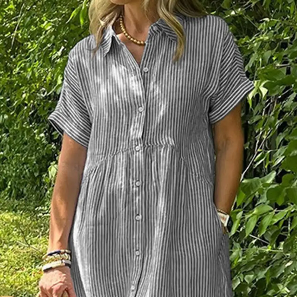 2023 frühling Frau Einreiher Strand Kleid Elegante Revers Neck Shirt Kleid Neue Sommer Beiläufige Lose Urlaub Kleid