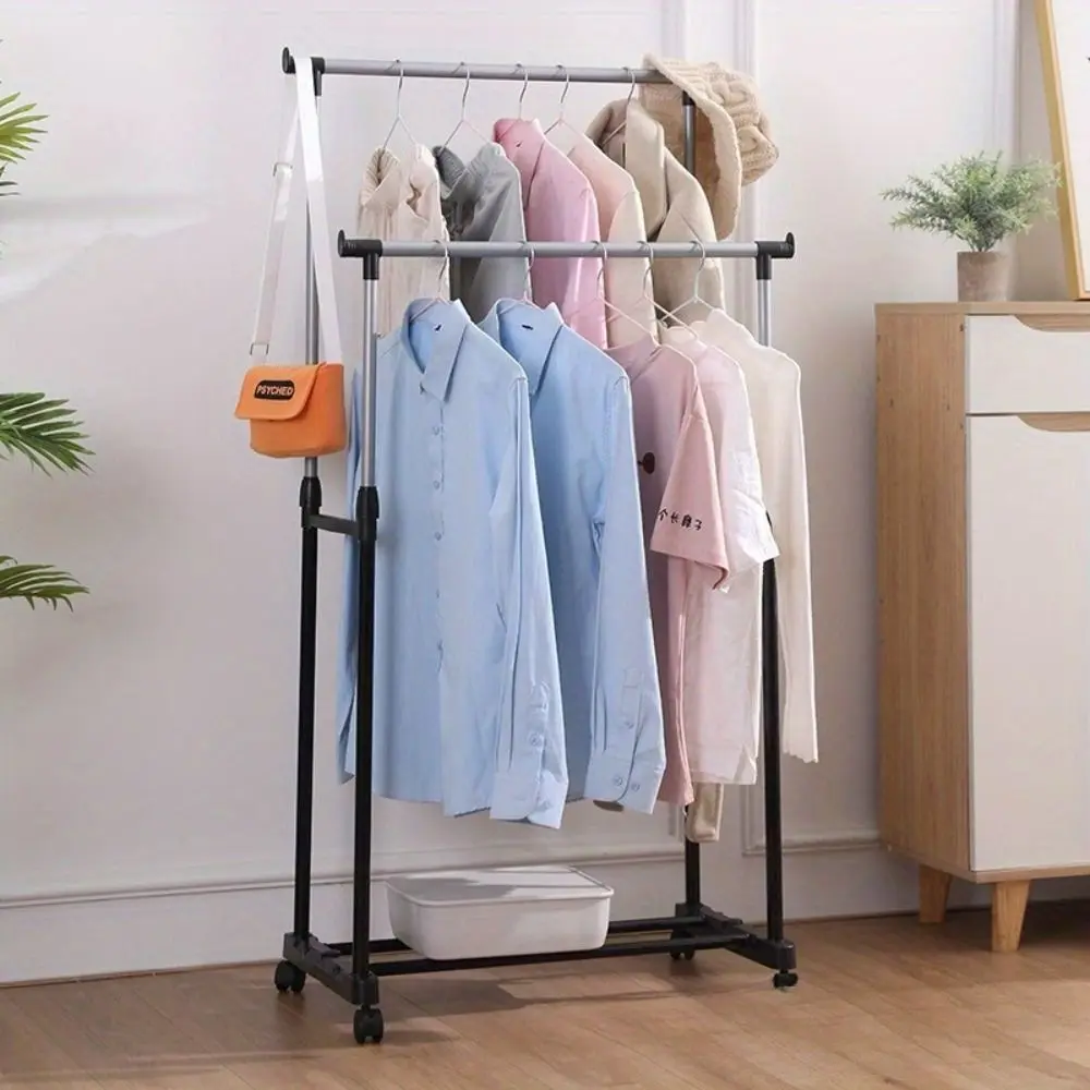 Double pole height adjustable clothes rack, stainless steel indoor clothes rack, balcony floor extension clothes rack, wheeled e