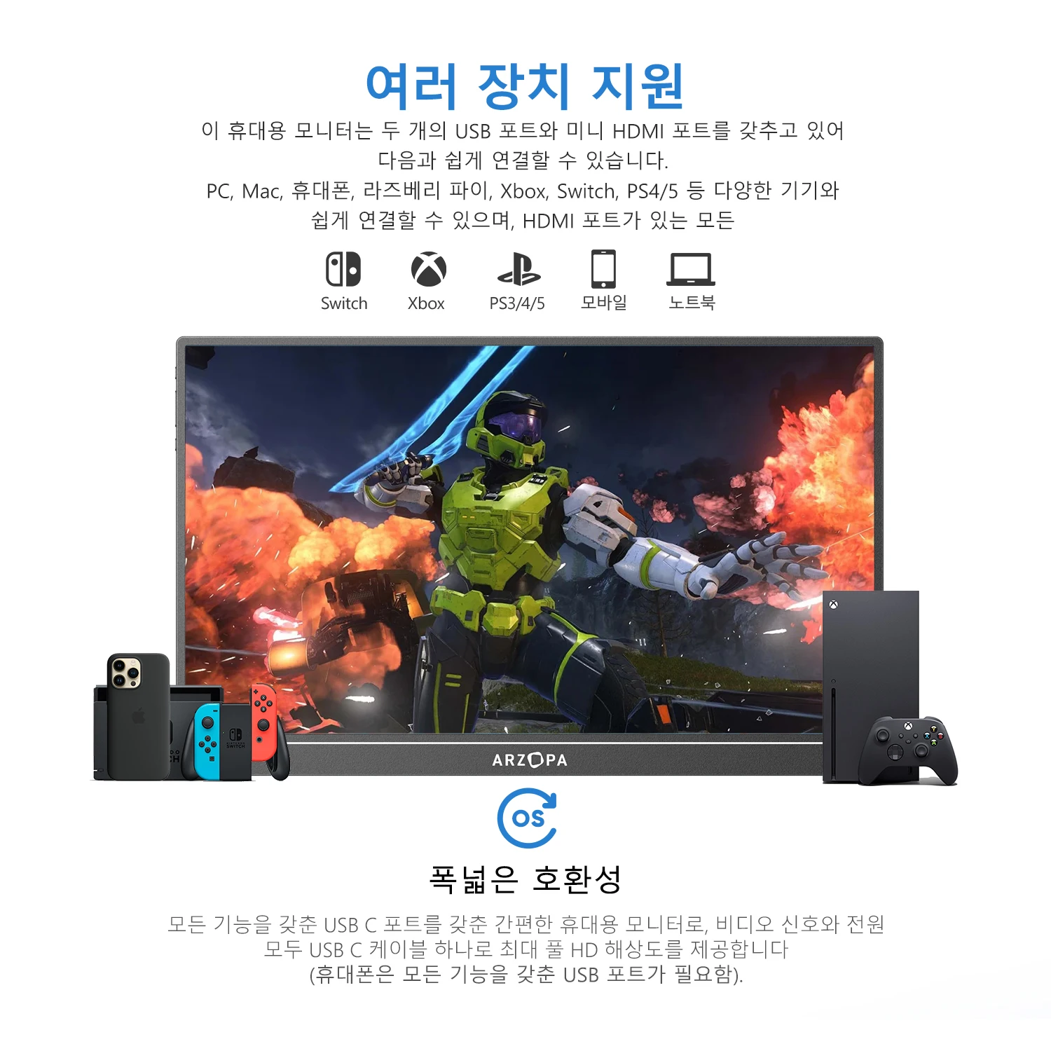 ARZOPA 16인치 휴대용 모니터, QHD 2560*1660, 16:10 HDR IPS 스크린, 메탈 바디, 타입-C 미니 HDMI 포트, MAC/노트북/PC/Xbox/PS/Switch용 보조 스크린, Z1RC