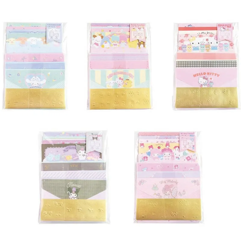 5set/lot Sanrio Melody Kuromi Envelope Set Kawaii Kitty Festival Message Greeting Card Memo Pad School Supplies Kids Gift