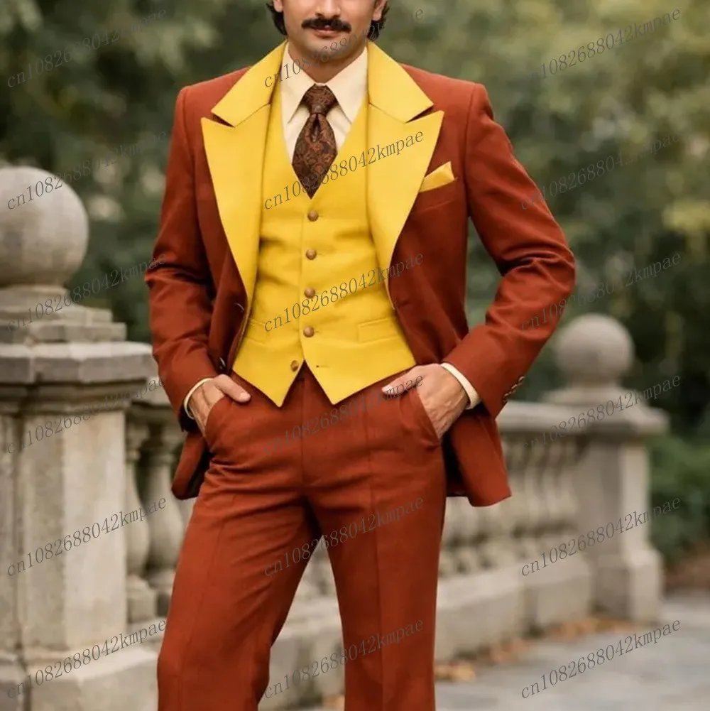 

Brown And Yellow Green Men Suit Formal Groom Groomsman Wedding Party Prom Business Male Tuxedos 3 Piece Set Blazer Vest Pants