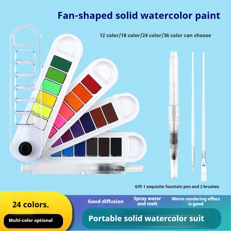 Monocromático Dobrável Aquarela Pigmento Set, Viagem Aquarela com Água Escova Pen, Art Painting Tool, Fan Específico Em Forma, 12, 18, 24