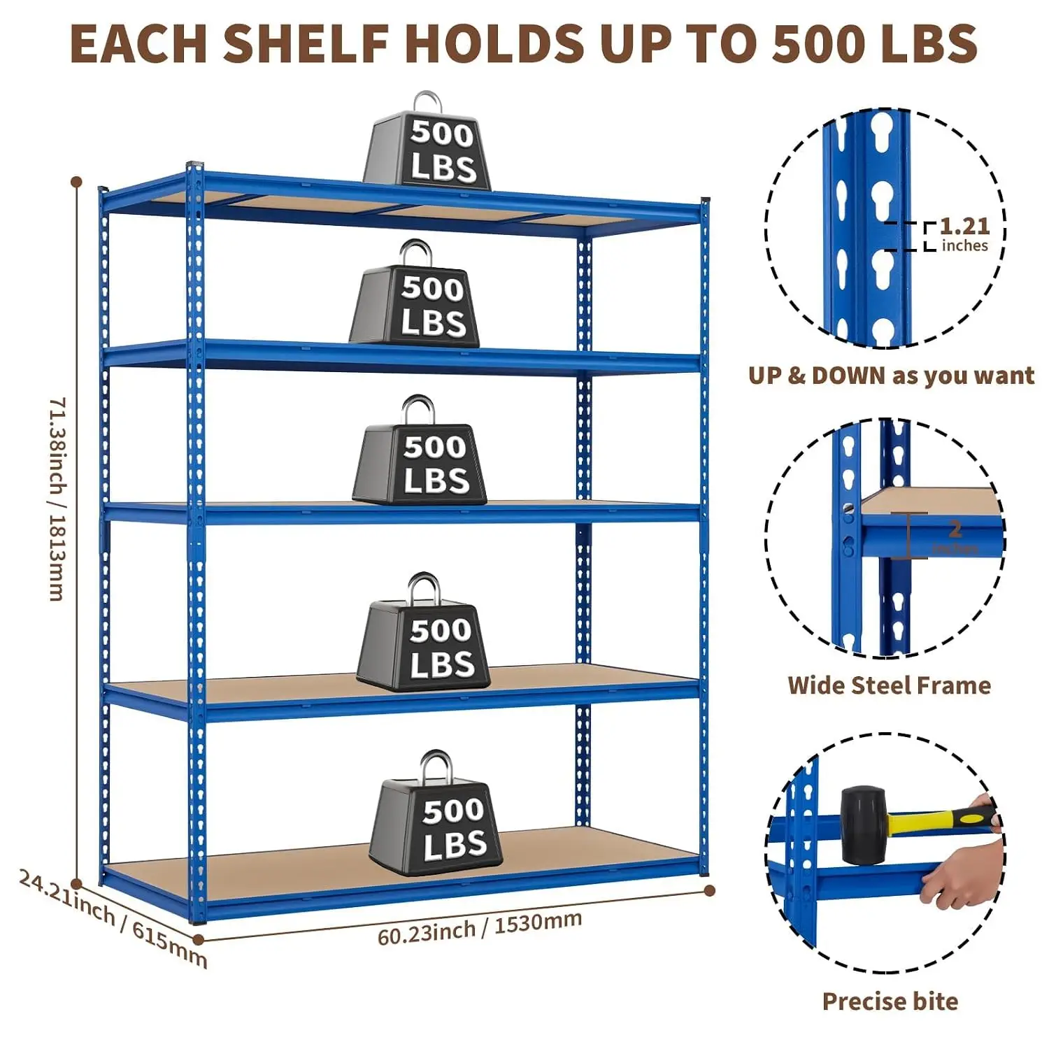Heavy Duty 5 Tier Metal Storage Shelf 2500 LBS Adjustable Boltless Rack for Garage Pantry Basement, Customized