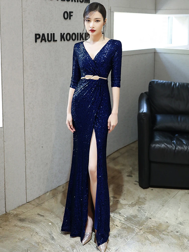 Sexy Side Split Shinning Sequins Evening Dresses Half-Sleeve V-Neck Formal Prom Gowns Floor-Length Robe For Women XUCTHHC 2020