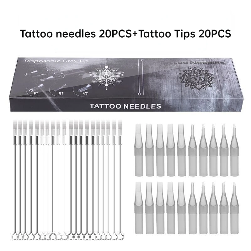 

40pcs/Set Tattoo Needles 20PCS and Tattoo Tips 20PCS Mixed Professional Stainless Needles Plastic Tips For Body Art Makeup Tool