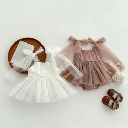 2026 Summer Baby Clothes 100 Day Baptism Birthday Party Sleeveless jumpsuit Mesh Bow Romper Girl Princess Dress
