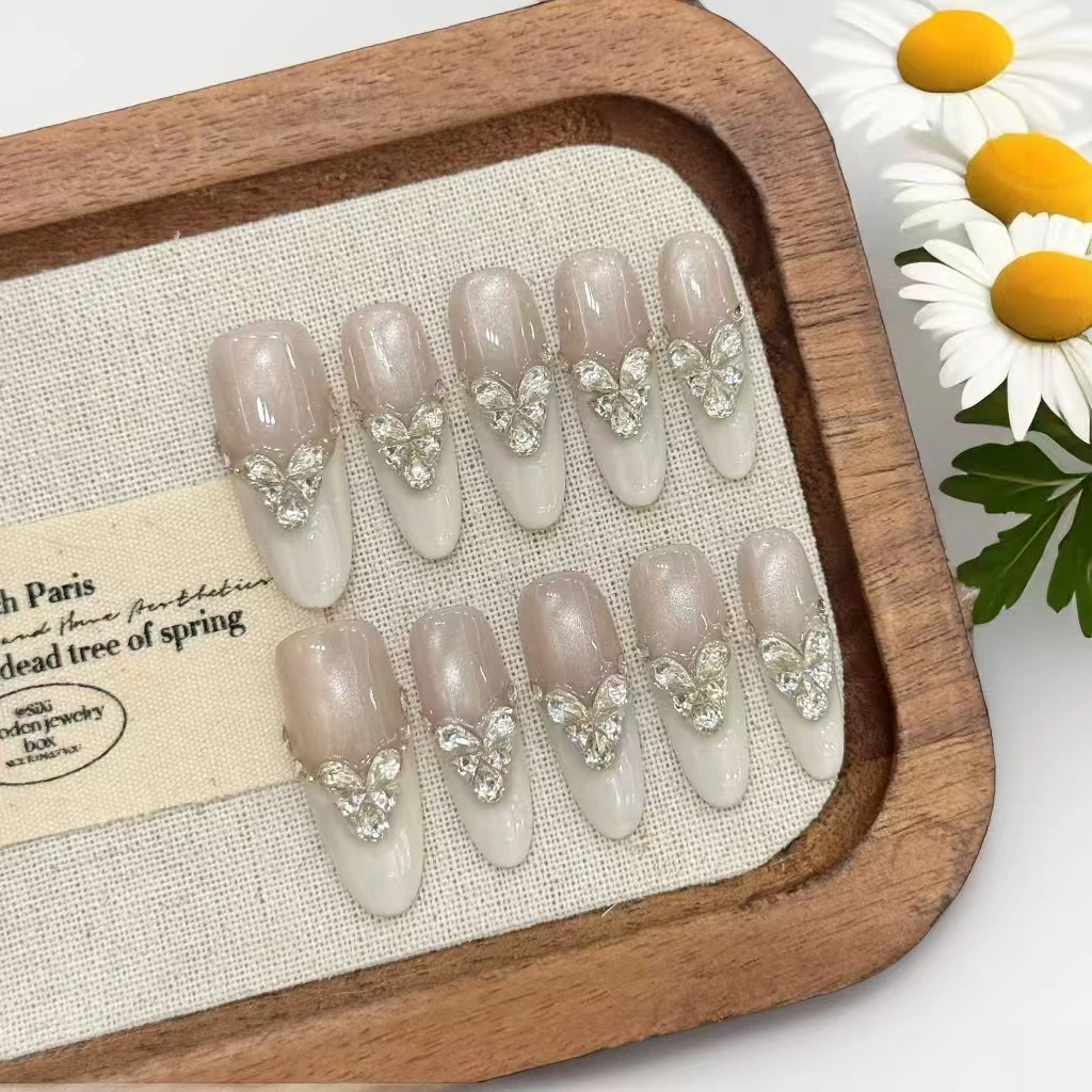 

10 шт., прозрачный кошачий глаз, любовь, алмазный пресс для ногтей, белые ногти ручной работы с инструментами из 4 шт., клейкие вкладки для ногтей