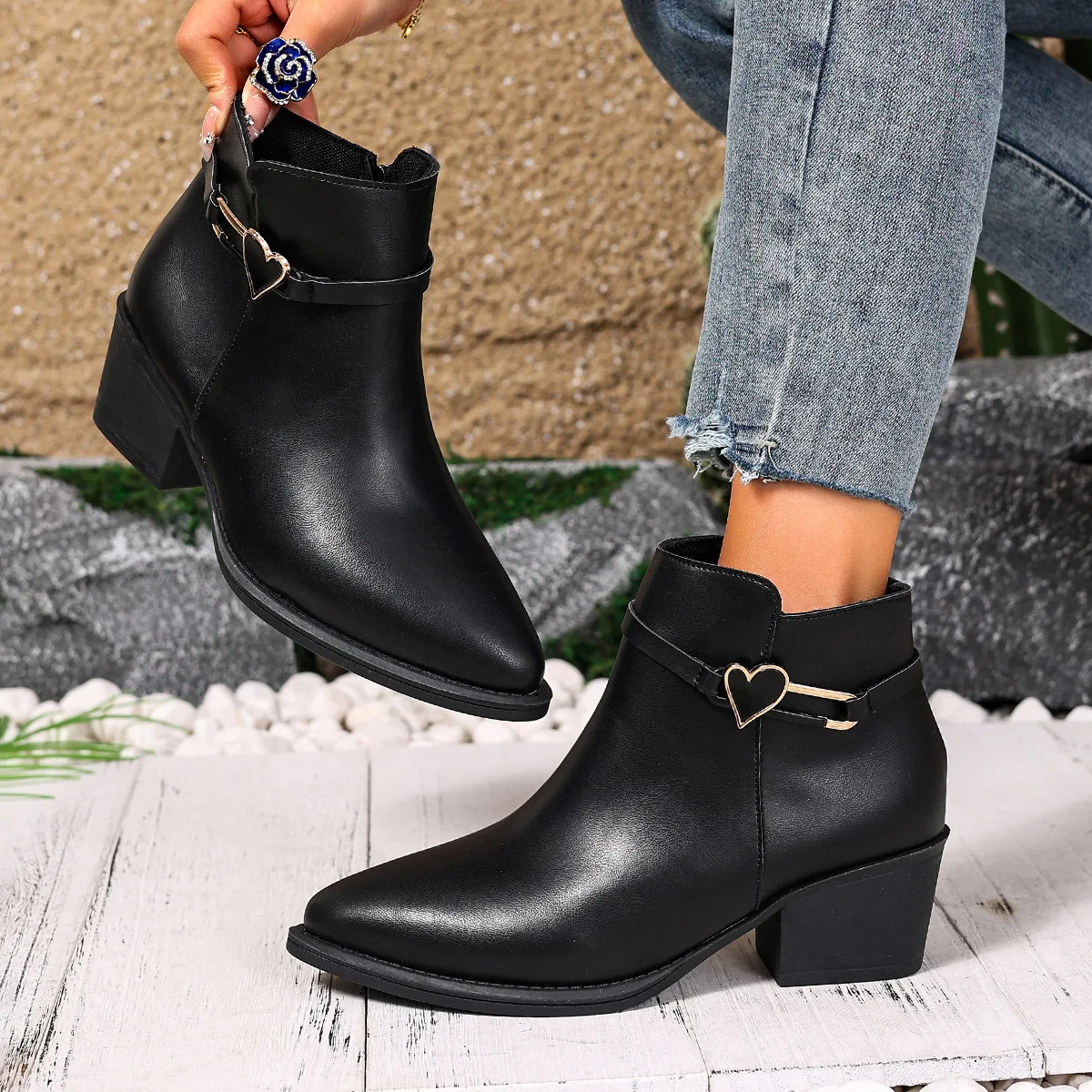 

Block Heel Booties Women's Fashion 2025 Pointed Toe Side Pull Soft Sole Anti-slip Wear-resistant High Heel Boots