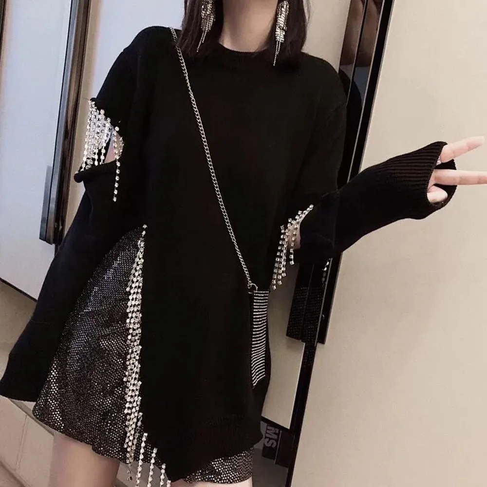 Autumn Winter Black Rhinestone Tassel Women Sweaters O Neck Chain Long Sleeve Loose Slim Irregular Casual Knit Pullover Sweater