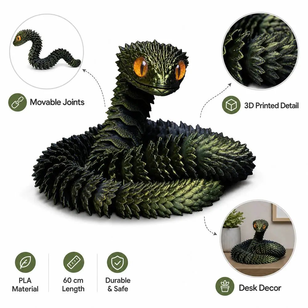 New PLA 3D Printed Snake Movable Joint Articulated Structure Snake Fidget Simulation Snake Play