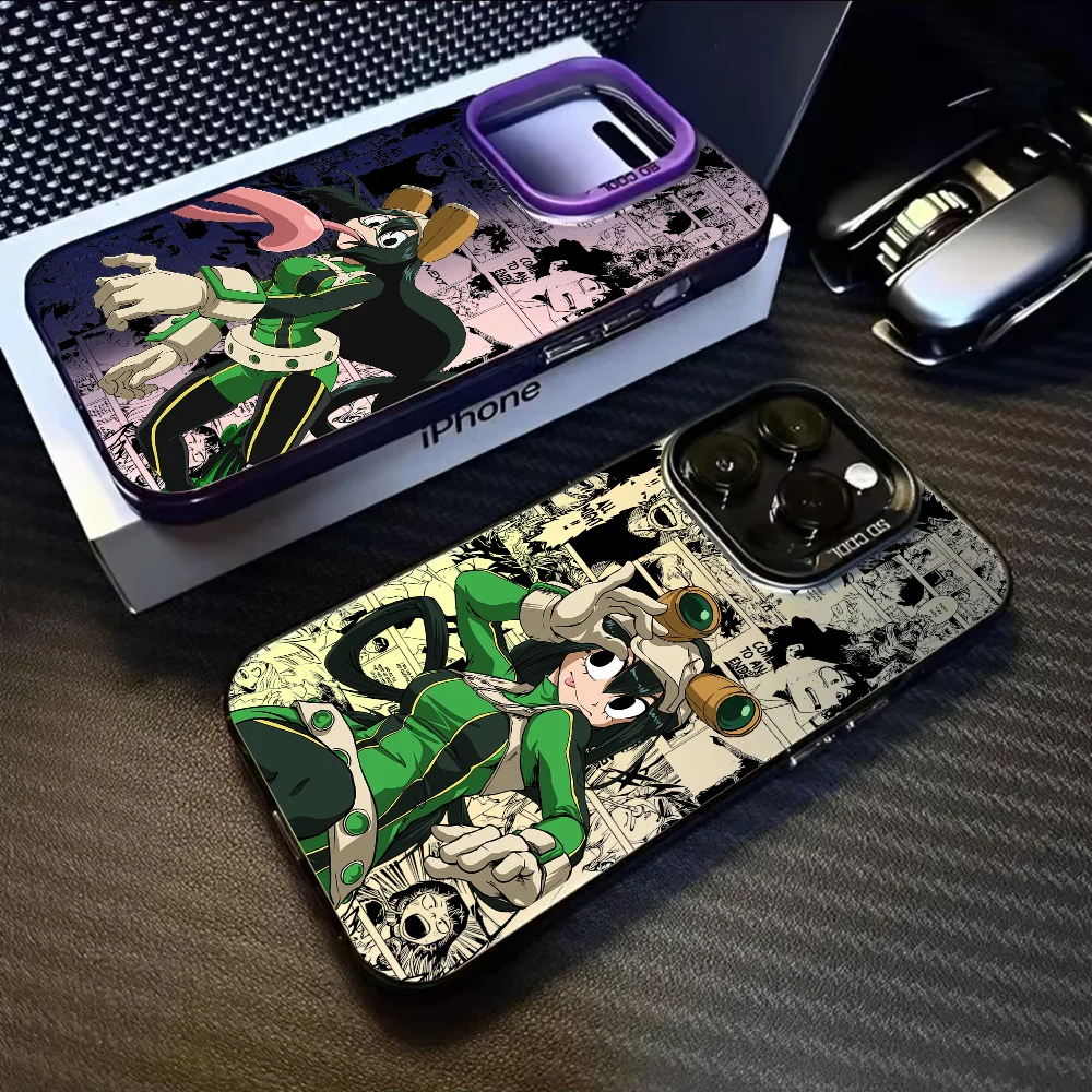 Anime T-Tsuyu Asui Phone Case For iPhone 16 15 14 13 12 11 Pro Max Black Purple Matte Laser Metallic Aurora Funda