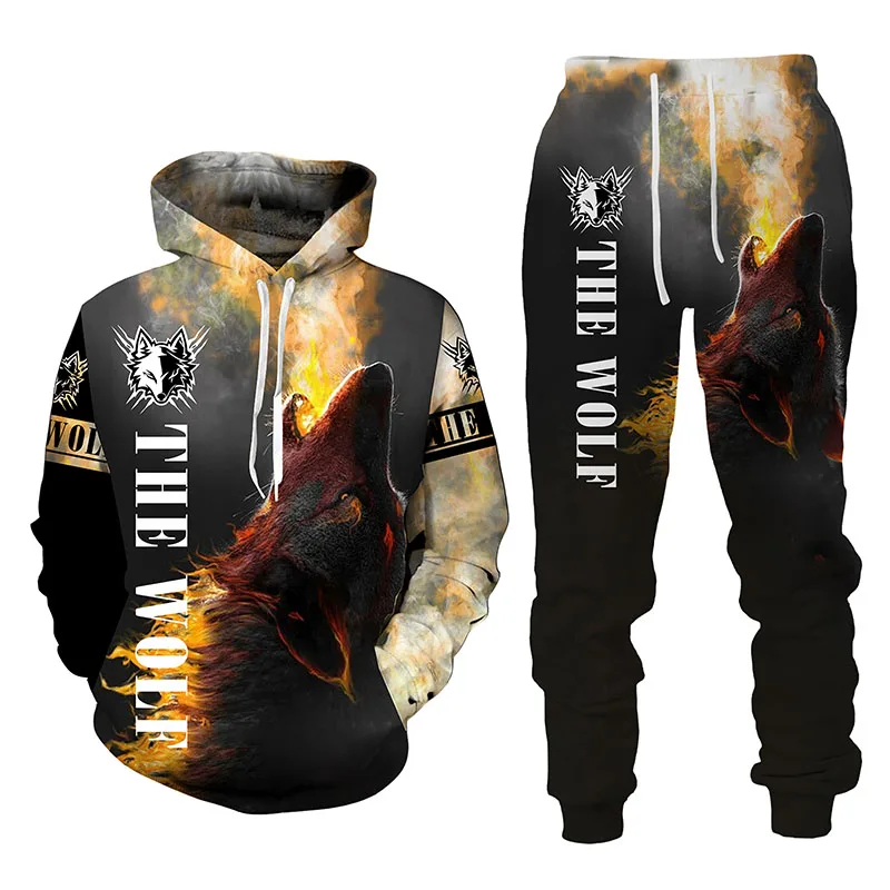 

The Wolf King Autumn Winter 3D Printed Men's Hooded Sweater Set Men's Sportswear Tracksuit Long Sleeve Men's Clothing Suit