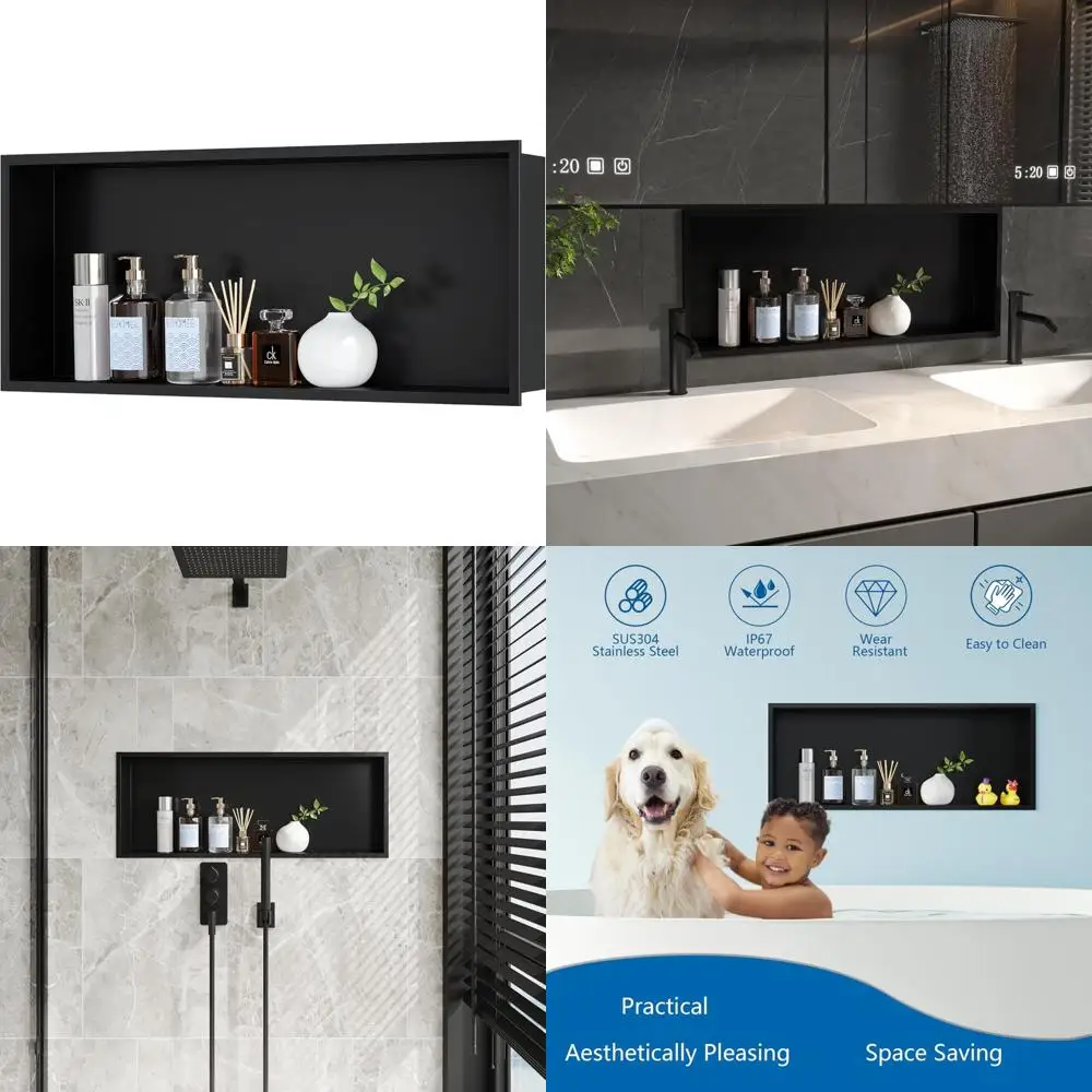 

Matte Black 30x12 Inch Shower Niche: Stainless Steel Wall Shelf, Recessed Design for Bath, No Tile Required