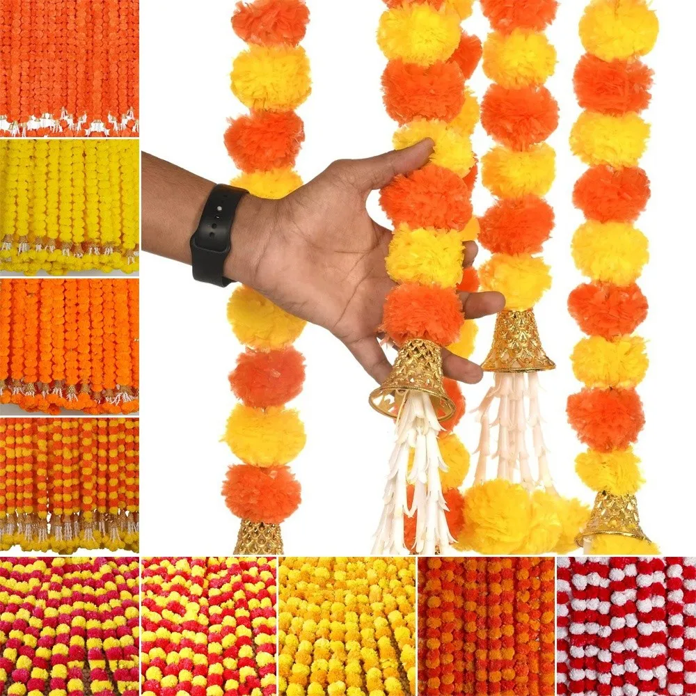 Guirnalda de caléndula artificial de hebras largas ​ ​ Pooja Diwali Fiesta Decoración india Pooja Flores de caléndula ​ ​ Decoración para eventos de boda Pooja