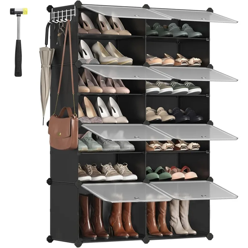 Shoe Rack, 8 Cubes Shoe Organizer with Doors, 32 Pair Plastic Shoe Storage Cabinet, for Bedroom, Entryway, Steel Fram