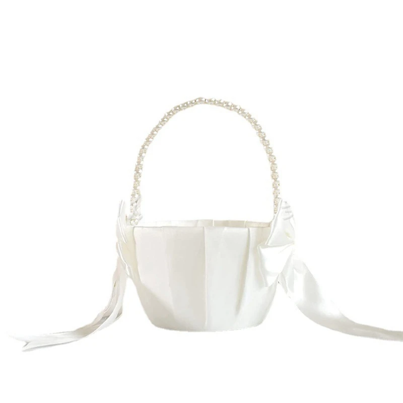 ABSF Wedding Flower Girl Basket With Cute Pearl Handle Bowknot Satin Flower Baskets For Wedding Ceremony Etc