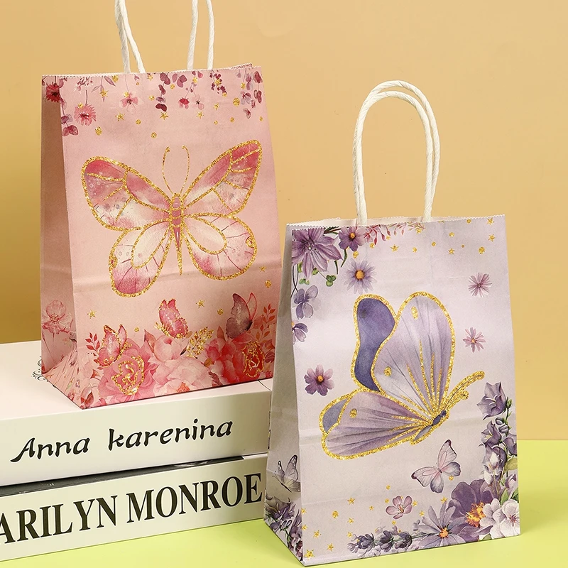 6 Pcs Butterfly Themed Paper Gift Bags, Pink And Purple Butterfly Pattern Tote Bags for Weddings Decor, Birthday and Party Decor