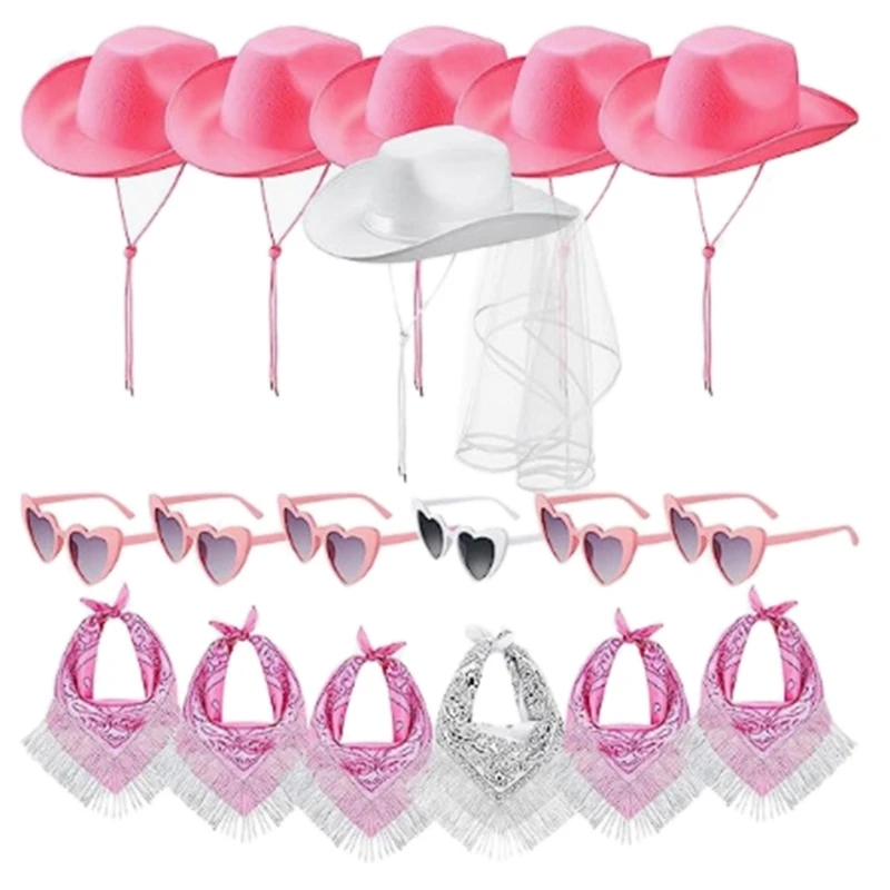 

Cowgirl Hat+Sunglasses Kerchief Set Bridal Hat with Veil for Bachelorette Party Delicate Bride Hat with Veil Photo Props H7EF