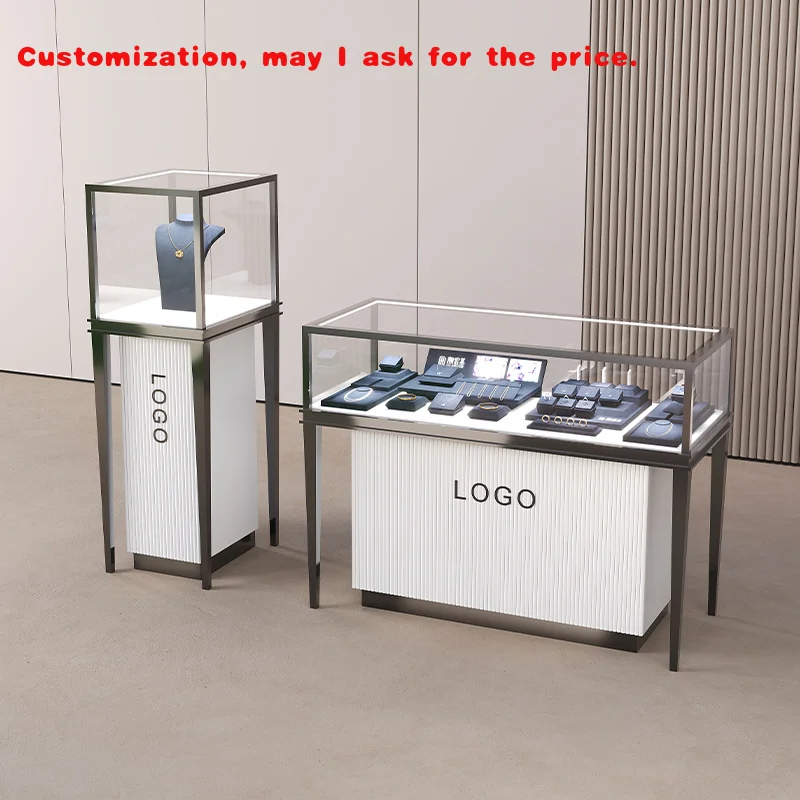 

На заказ. Роскошный современный стеклянный дисплей для ювелирных изделий, светодиодные ленты, подставка из нержавеющей стали, розничная торговля ювелирными изделиями S