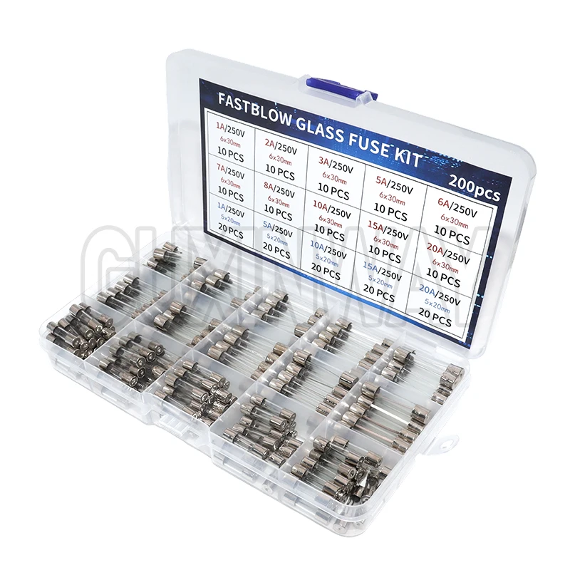 200Pcs Fast Blow Glass Fuses Assortment Kit 15 Values Auto Fuses Assortment Kit 250V 5x20mm & 6x30mm Glass Tube Fuses