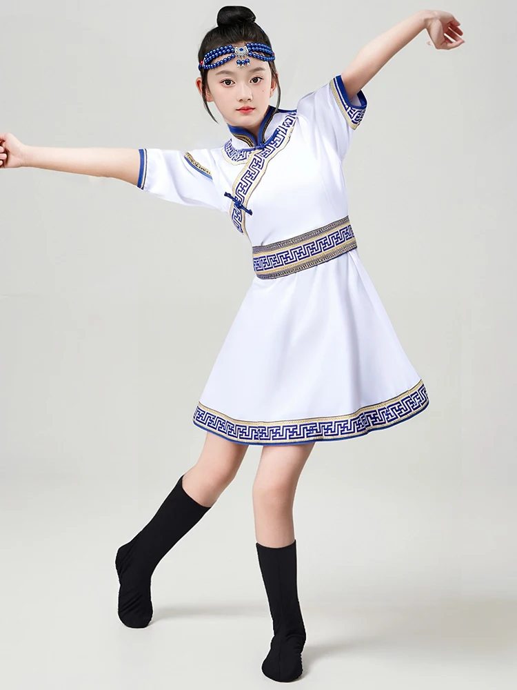 

Детская и женская этническая одежда для монгольских танцев, костюм для танца с палочками, белый, в стиле Тудзя, для выступлений на степях