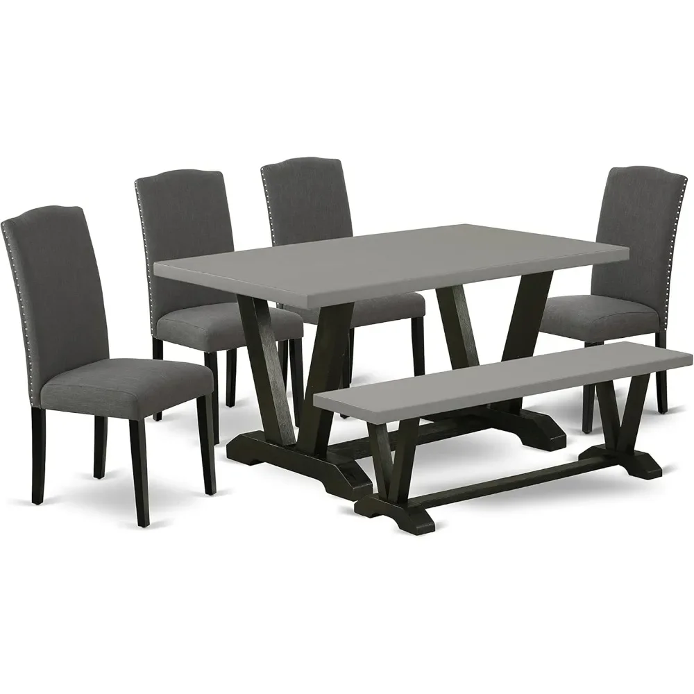 6-delige dinetset in V-stijl bevat een rechthoekige eetkamertafel met V-pootjes en 4 parson-stoelen van donker Gotham-linnen stof met