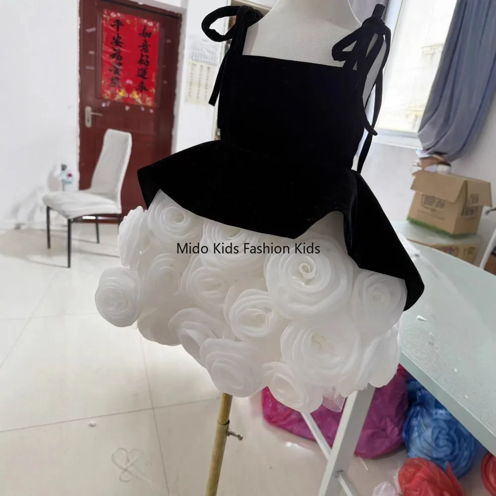 1-5Y Girls' Princess Dress, Baby Girl's Black Velvet 3D Rose Flower Princess Birthday Gown 80-160cm