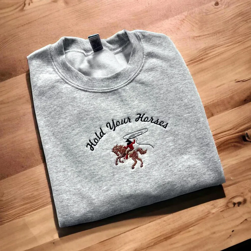 Hold Your Horses Western Fashion Embroidered Gray Sweatshirts Unisex Long Sleeve Thick Fleece Pullover Vintage Style Jumpers