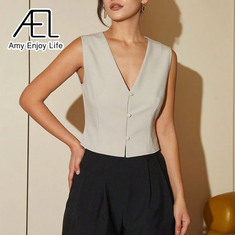 AEL Women Vest Cropped Waistcoat Fashion Front Buttons Tops Vintage V Neck Sleeveless Female New Solid Button Front Vest Blazer