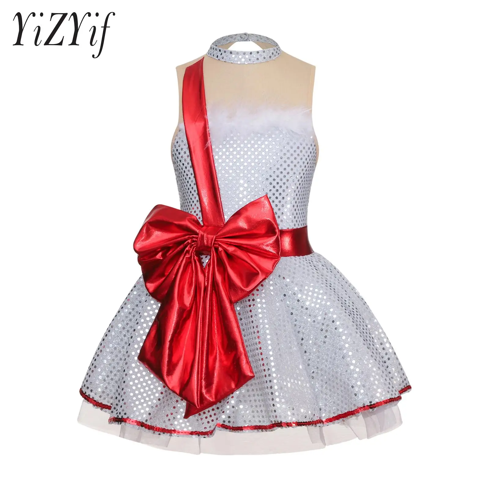 Kerstjurk voor meisjes, mouwloos, verenhalslijn, mesh splitsen, strik versierd, gezwollen rok met pailletten