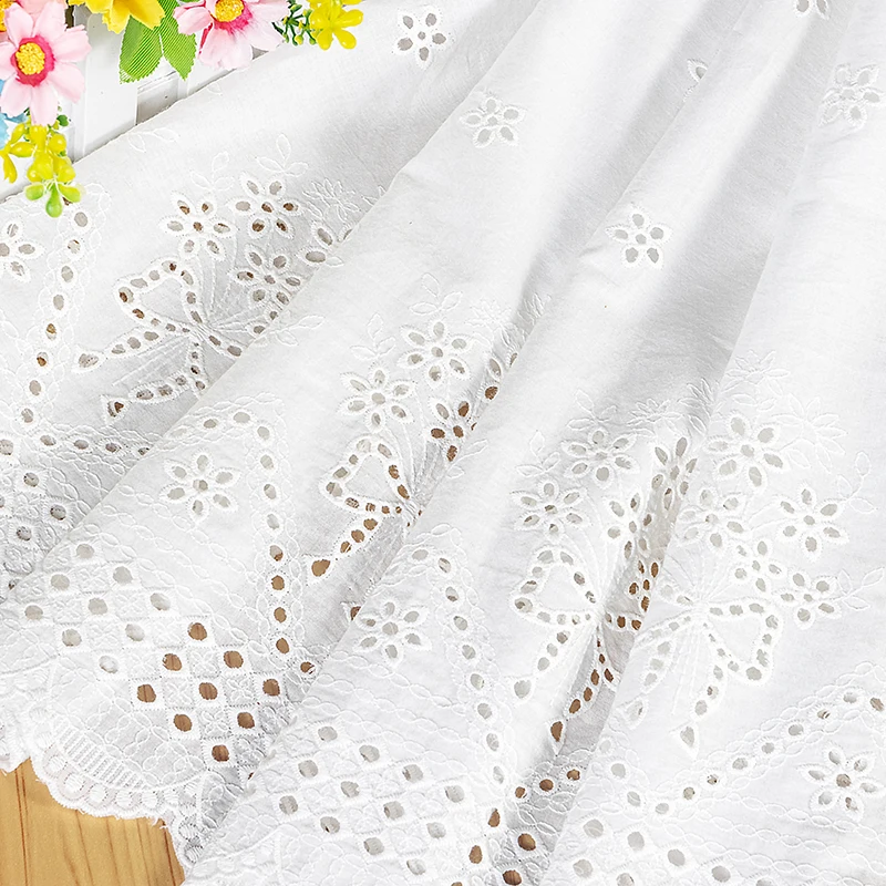 White Hollow Embroidery Lace Fabric, 100% Cotton, Wedding Dress, Fashion Clothing, Skirt Fabric