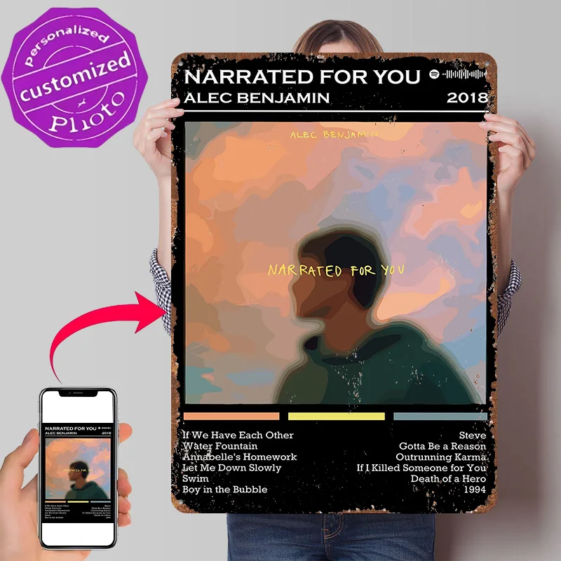 Alec Benjamin - Álbum Narrated For You, Póster Metálico con Textura 3D, Letrero de Metal Personalizado, Arte de Pared, Regalo para Mancave, Accesorios de Bar