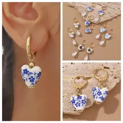 Ceramics Pearl Dangle Earring Handmade Bohemia Earrings Blue and White Porcelain Earrings Alloy