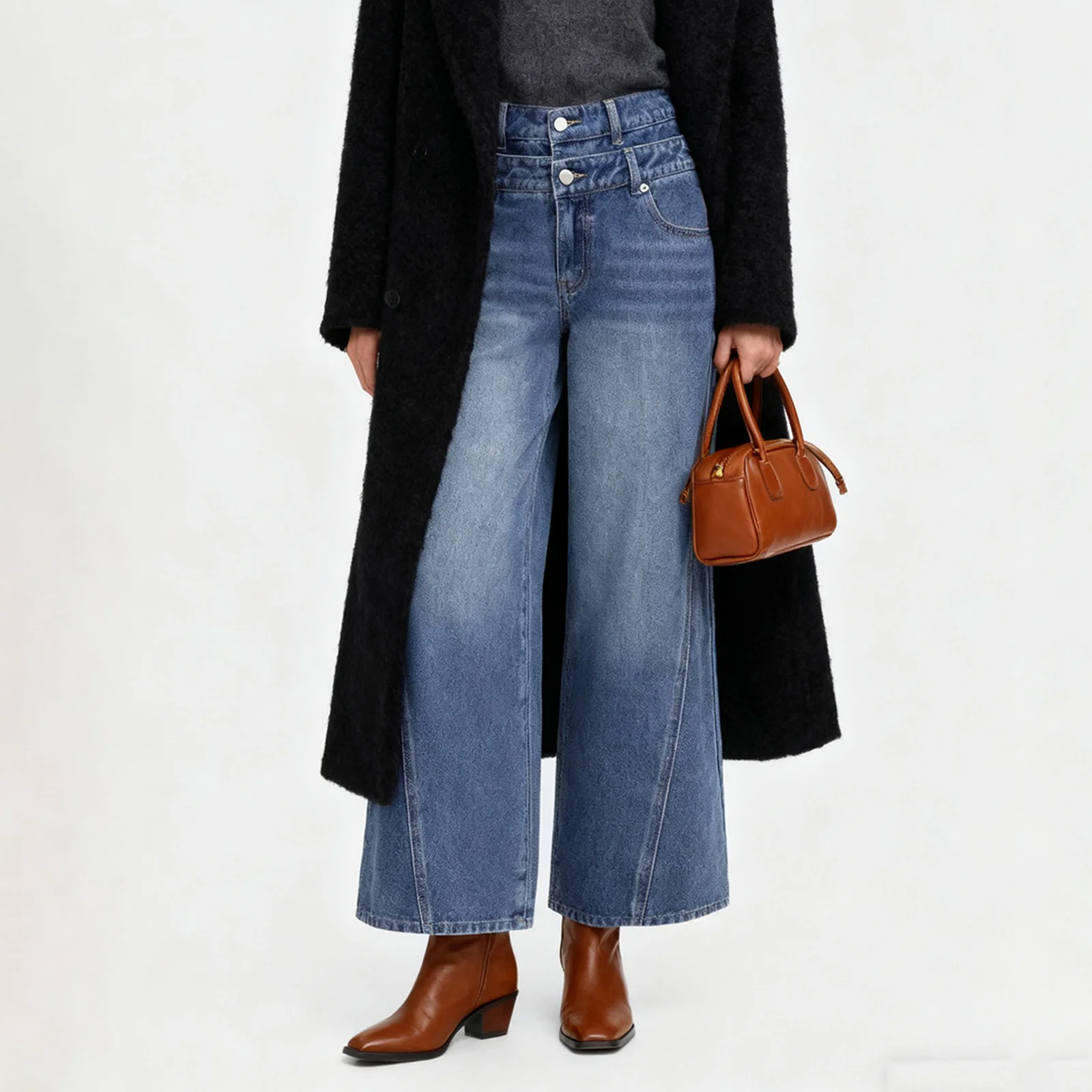 Basic Women's Jeans with Pockets Stylish Double Waist Design Casual High Rise Wide Leg Denim Pants
