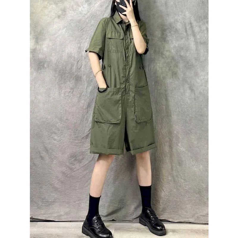 

Solid Jumpsuits Minimalism Polo Neck Short-sleeved Playsuits Loose One Piece Summer Workwear Pants Overalls for Women Clothing