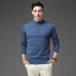 Pulôver de lã pura masculino slim-fit, meio zip, atualize seu estilo com conforto