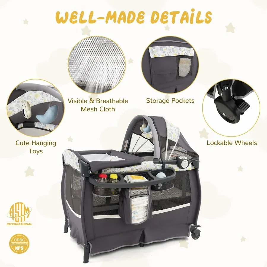 Pack and Play, 4 in 1 Portable Baby Crib w/Bassinet, Changing Table, Canopy, Mattress, Music Box, Storage Bag, Foldable Pack and