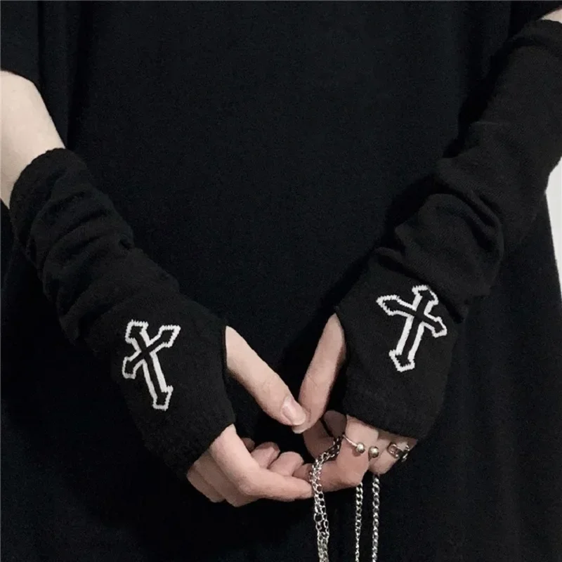 Punk EMO Style Streetwear Women Wrist Arm Warmer Knitted Long Fingerless Oversleeve Black Mitten Halloween CrossDark Moon