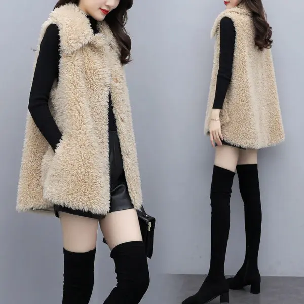 Lamb Fur Vest Women's Autumn Winter Jacket Trendy  Collar Open Cardigan Thickened Mid-Length Loose Fit with Pockets
