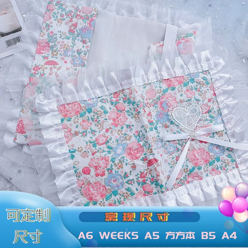 A5/A6/Weeks, giacca da libro in tessuto fatta a mano con copertina regolabile per libro a mano in pizzo e pizzo "Luna Coniglio Rosa", diario, blocco note, ledger