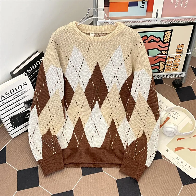 Design sense sweater men winter American lazy couple sweater contrast color crewneck top tide