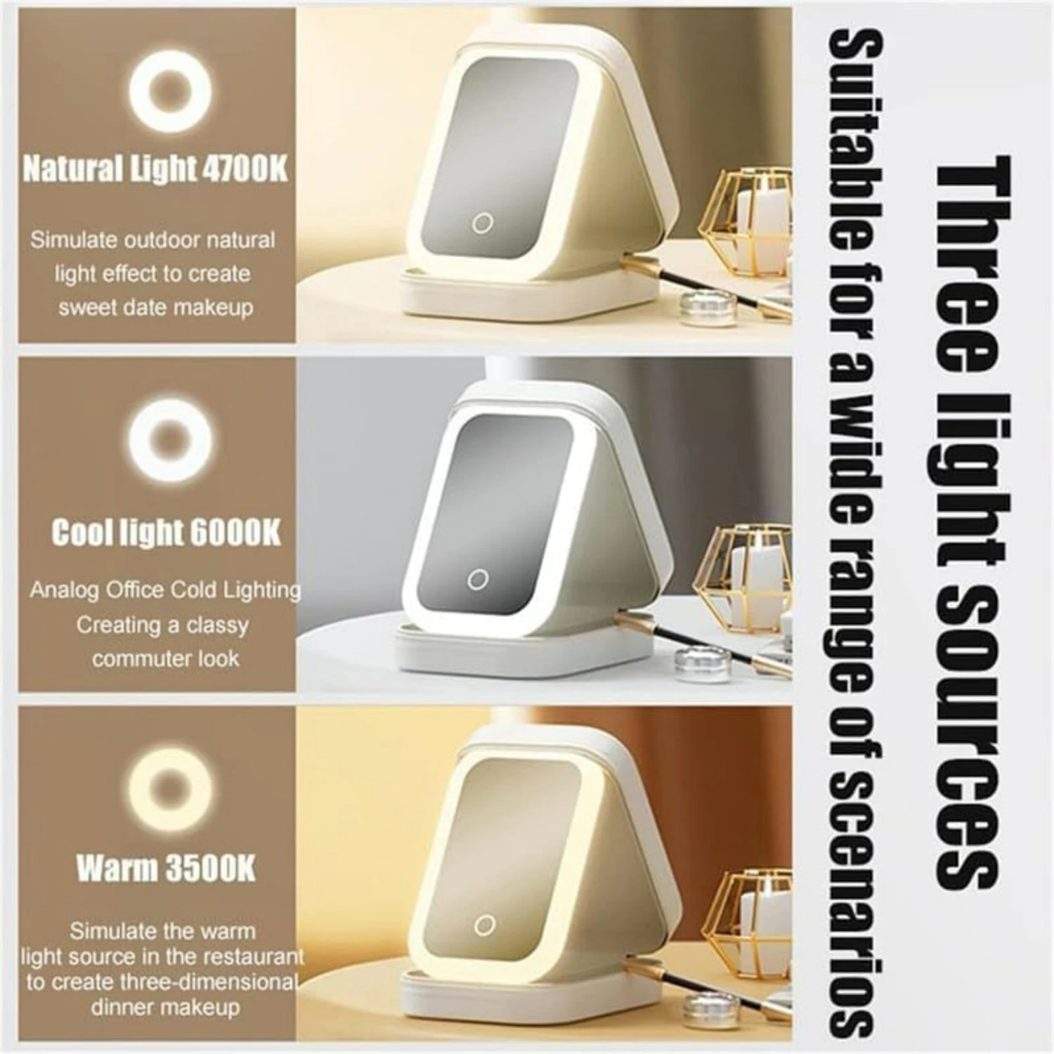 กระเป๋าเดินทางแต่งหน้าแบบพกพาสีขาวพร้อมกระจก LED และกระจกแต่งหน้าแบบชาร์จไฟได้สําหรับปี 2024 และ LED สามสีแบบปรับได้