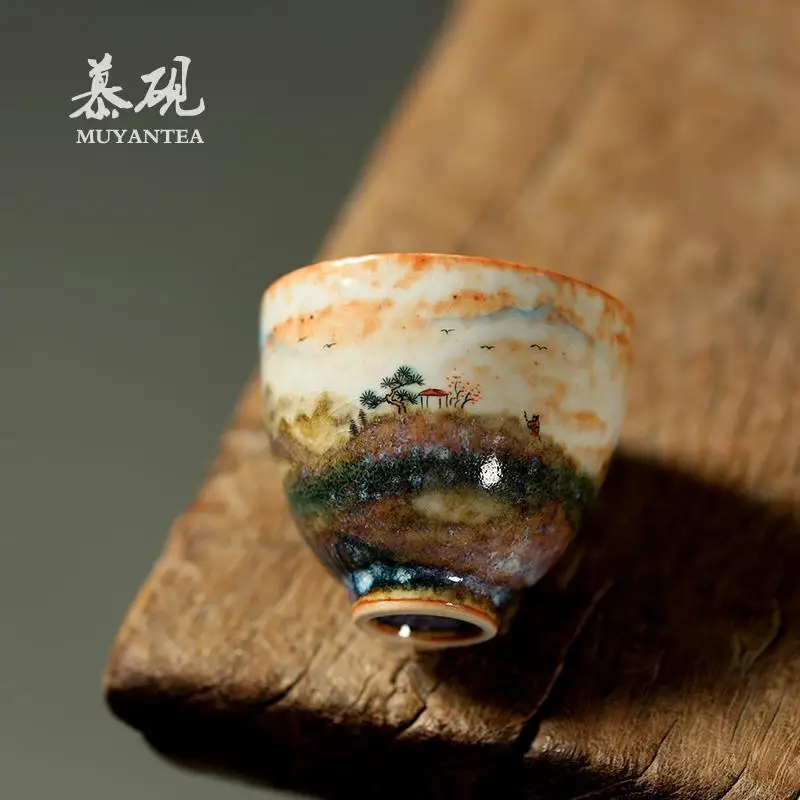 

Керамическая чашка для чая Кунг-фу в японском стиле Muyan, ручная роспись, шино-керамика, мастерская работа, ручная работа, дизайн «Огненные облака», для дегустации